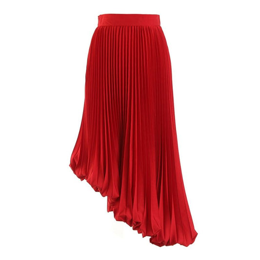 High Waist Ruched Midi Skirt-Red/Black