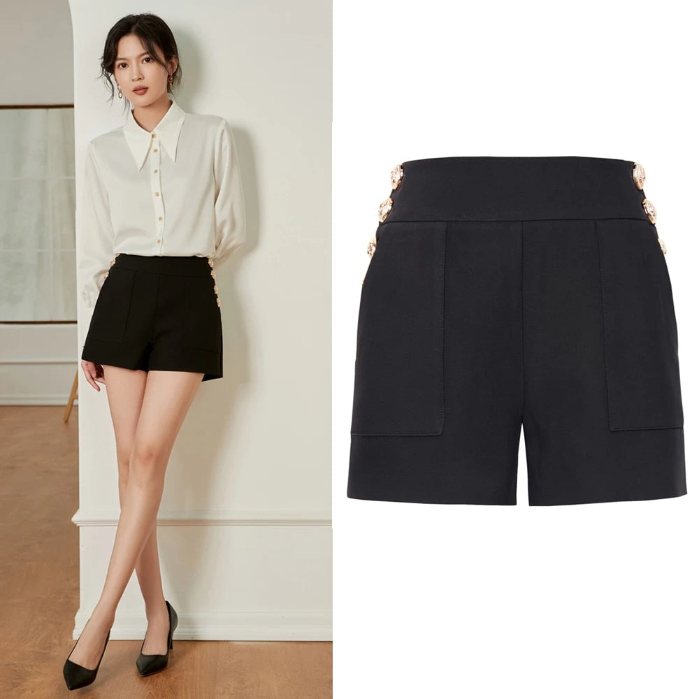 High-Waisted Button Shorts-Black/White