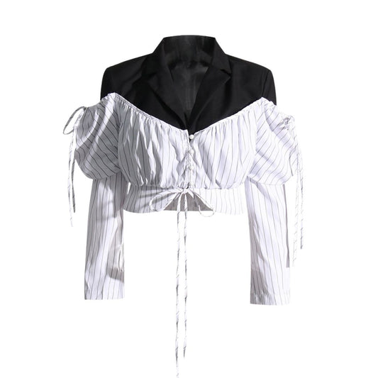 Long Sleeve Striped Colorblock Top-Black/Coffee