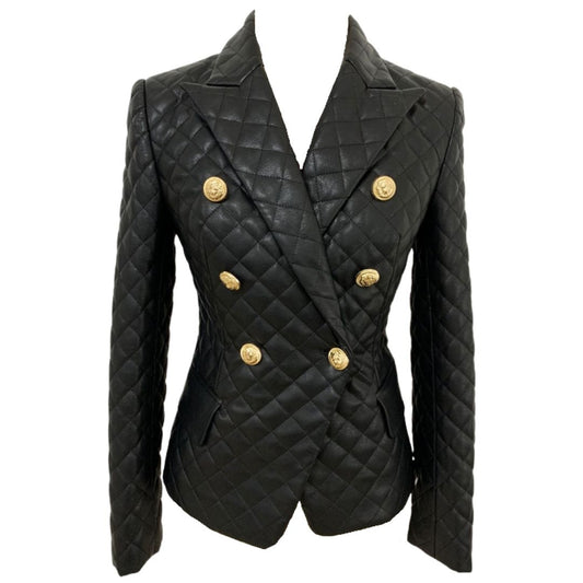Faux Leather Double Breasted Gold Button Blazer Jacket-Black