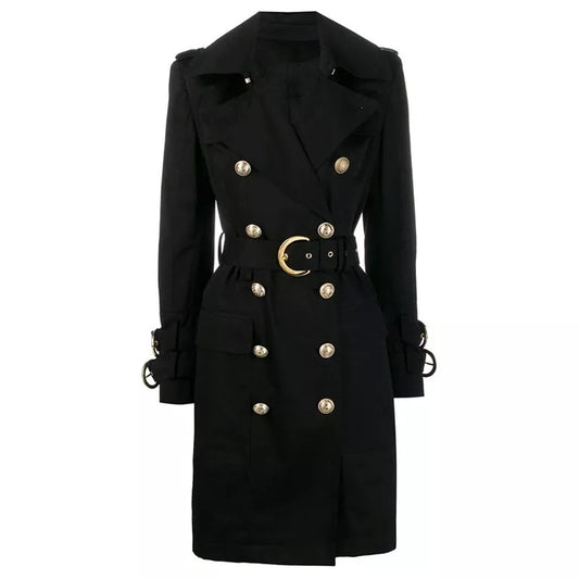 Double Breasted Belted Long Trench Coat-Black