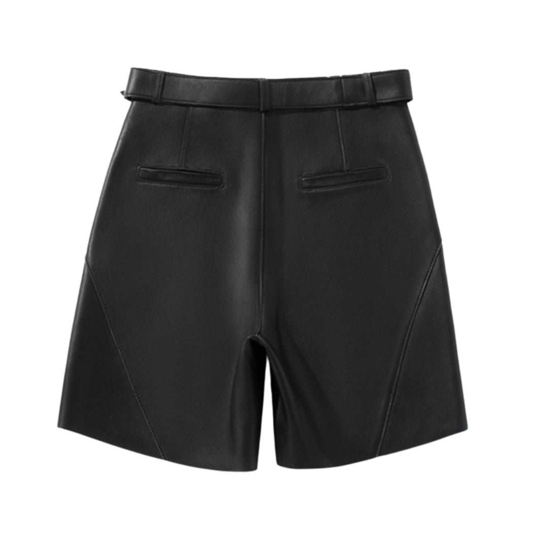 Faux Leather Belted PU Shorts-Khaki/Black