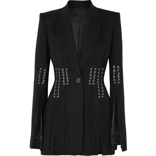 Long Sleeve Metal Hole Tie Rope Tassel Split Blazer Jacket-Black
