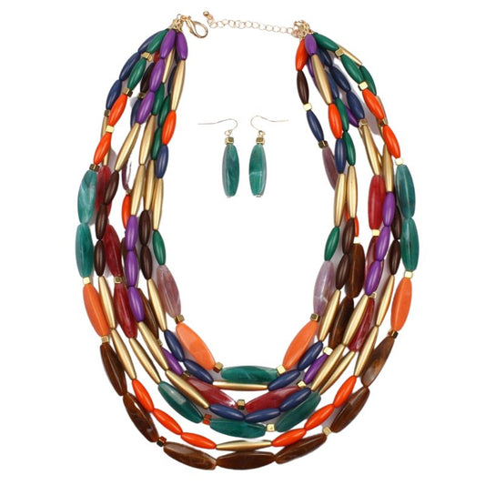 Vintage Multi-layer Resin Beaded Necklace Earring Set