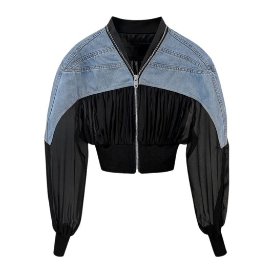 Long Sleeve V-Neck Color Block Denim Jacket-Blue