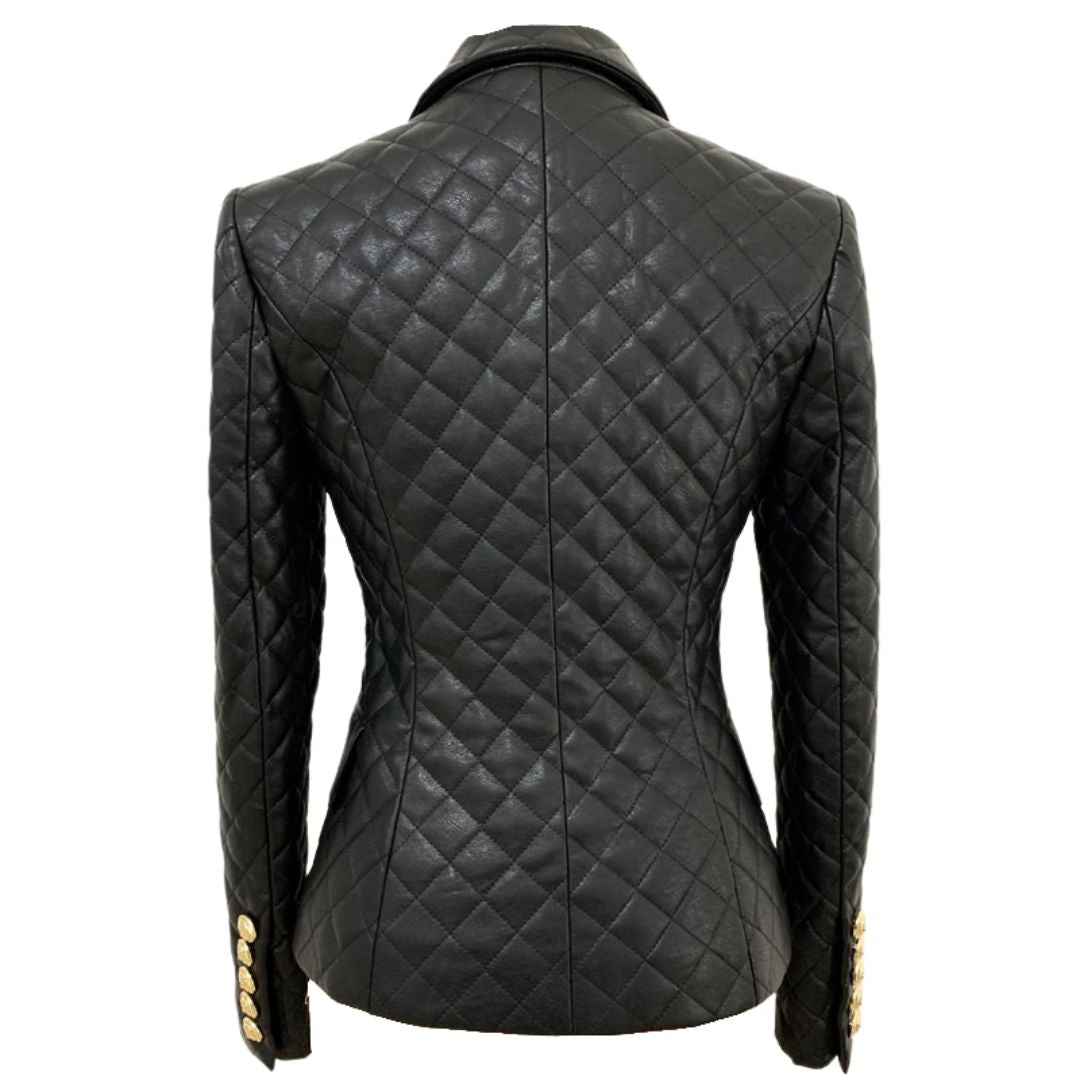 Faux Leather Double Breasted Gold Button Blazer Jacket-Black