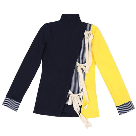 Long Sleeve Turtleneck Lace Up Bowknot Sweater-Multi