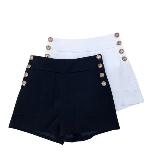 High-Waisted Button Shorts-Black/White