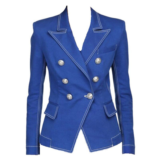 Double Breasted Silver Button Denim Blazer Jacket-Blue