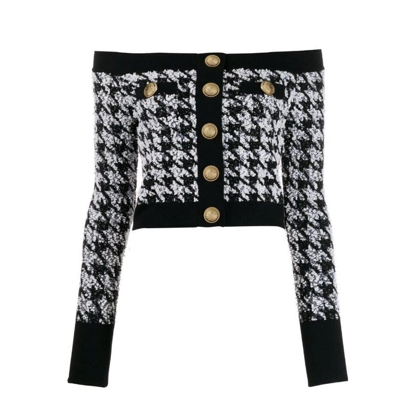 Houndstooth Gold Button Cardigan Jacket