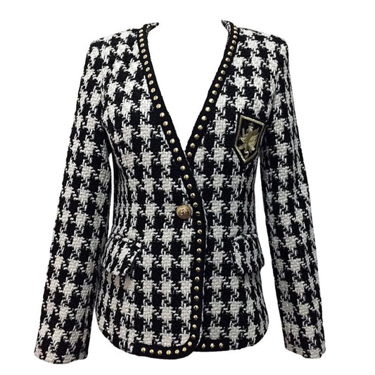 Rivet Tweed Houndstooth Blazer Jacket-Black