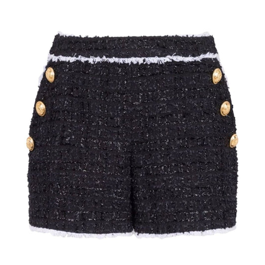 Tweed Button Shorts-Black/White