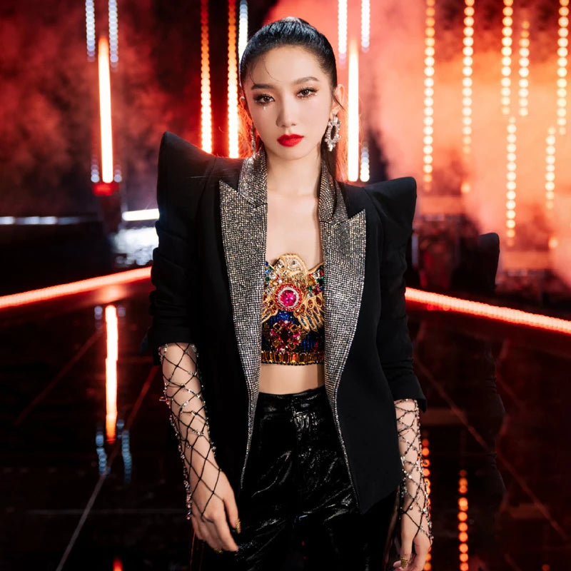Peak Shoulder Blazer Jacket-Black