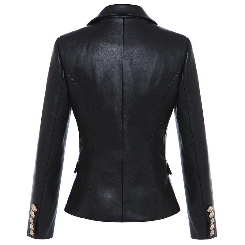 Faux Leather Double Breasted PU Blazer Jacket-Black