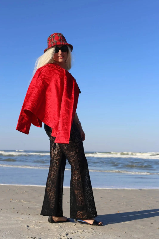 Chico's Design Red Silk Oriental Button Blazer Jacket + Black Ruffle Bikini + Rafi & Ro Black Lace Pants