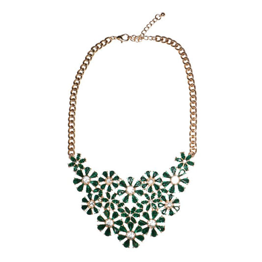 Eye Candy Los Angeles Rhinestone Floral Statement Bib Necklace-Green NWOT