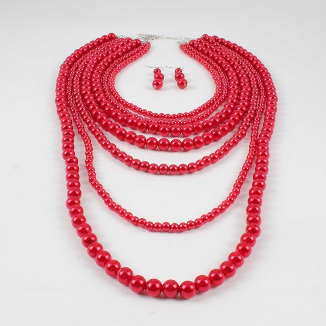 Multilayer Faux Pearl Beaded Statement Necklace/Earrings-White/Red