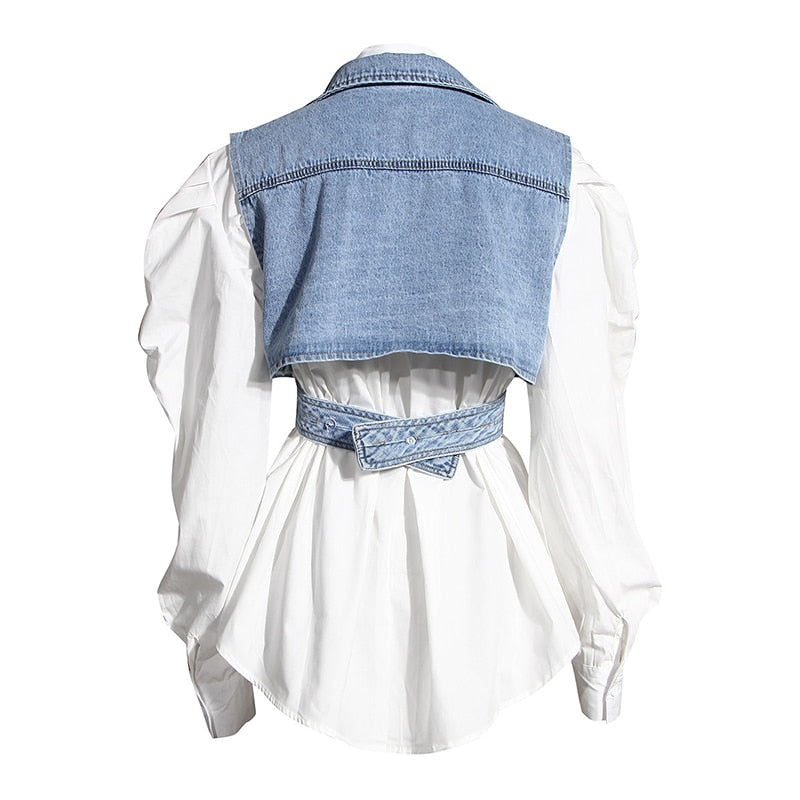 Puff Sleeve Shirt Sleeveless Denim Cross Crop Top-Multi