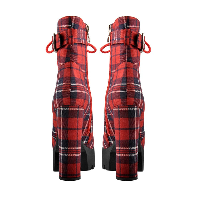 Red Plaid Lace Up Side Zipper Chunky Heel Round Toe Buckle Strap Platform Ankle Boots