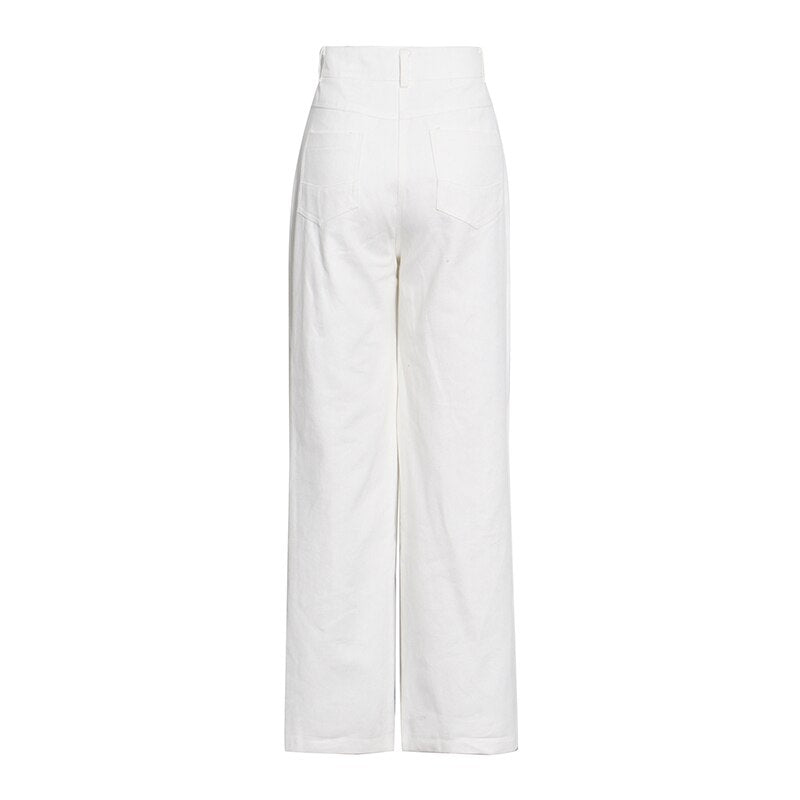 High Waist Cut Out Zipper Wide Leg Pants-White