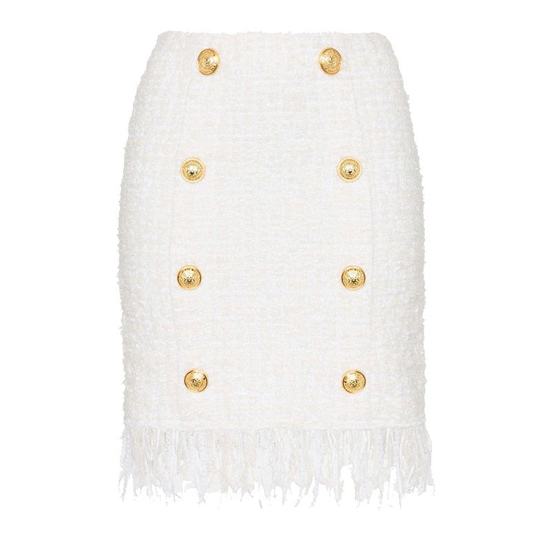White Tweed Tassel Pencil Skirt