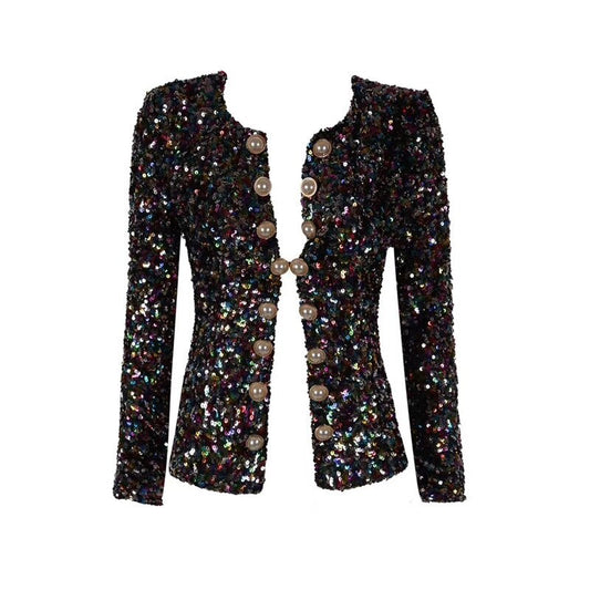 Long Sleeve Double Breasted Sequin Blazer Jacket-Multi