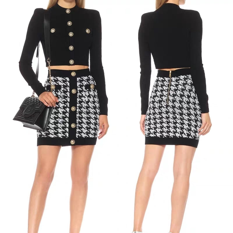 Houndstooth Gold Button Mini Skirt