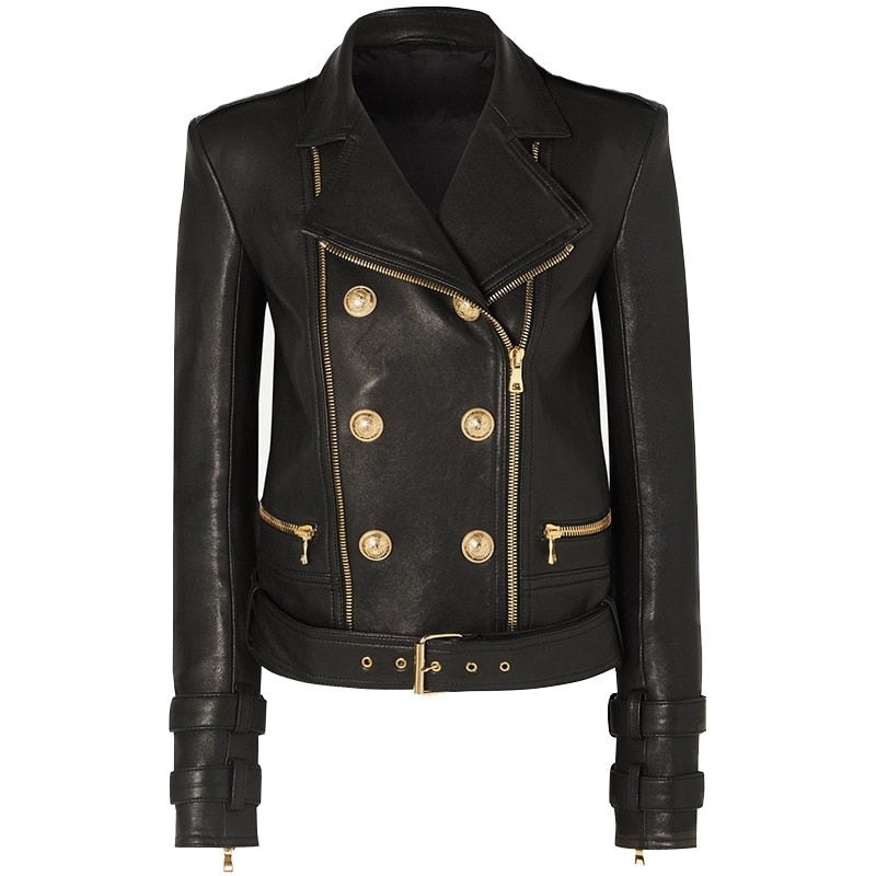Cropped Faux Leather Double Zipper Biker Jacket-Black