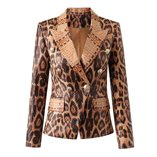 Snakeskin Leopard Pattern PU Blazer Jacket-Multi