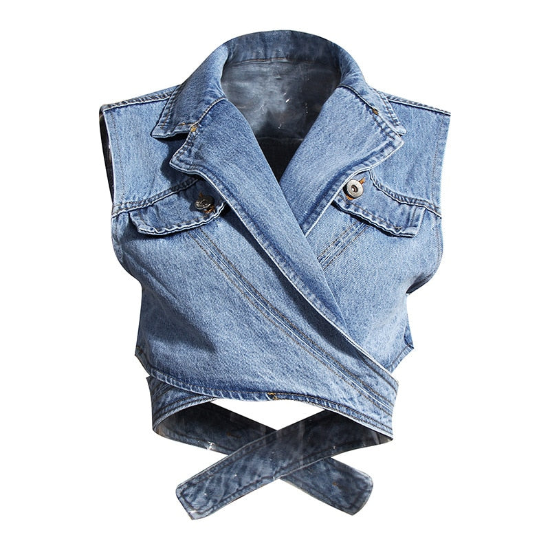 Puff Sleeve Shirt Sleeveless Denim Cross Crop Top-Multi