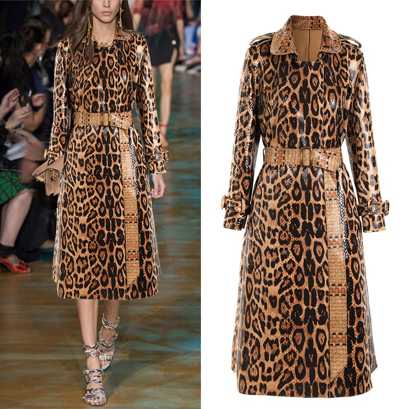 Snakeskin Leopard Pattern Belted PU Trench Coat-Multi