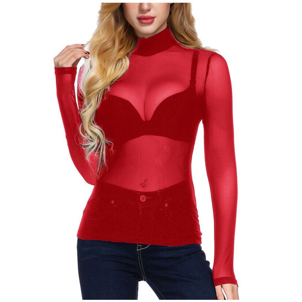 Long Sleeve Sheer Mesh Turtleneck-Red