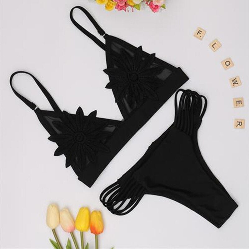 Mesh Lace Flower Low Waist Brazilian Bikini-Multiple Options