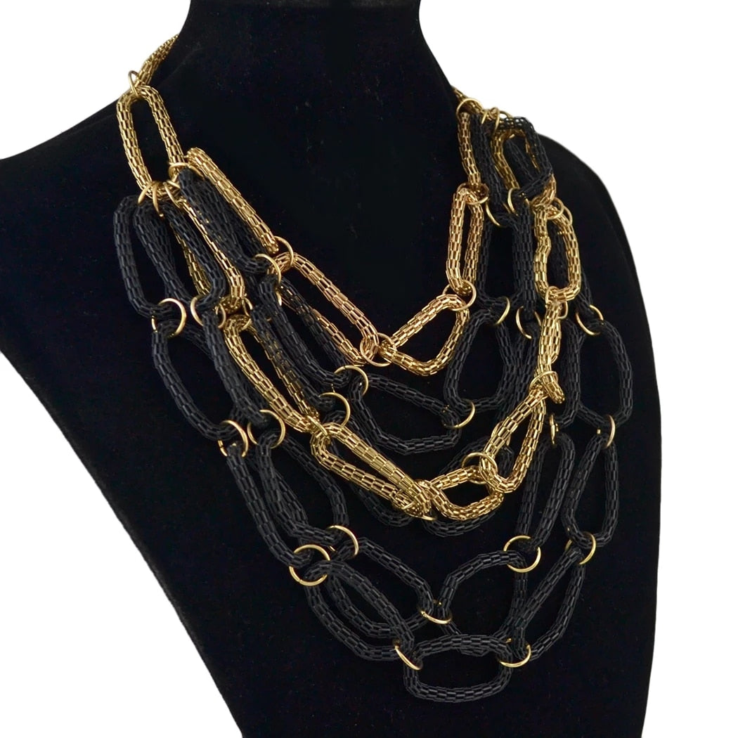 Vintage Multilayer Chain Statement Necklace-Gold/Black