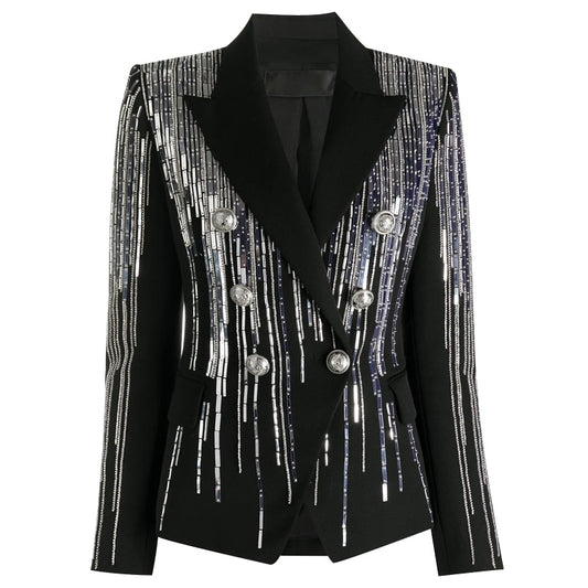 Double Breasted Heavy Beaded Sequin Blazer Jacket-Black