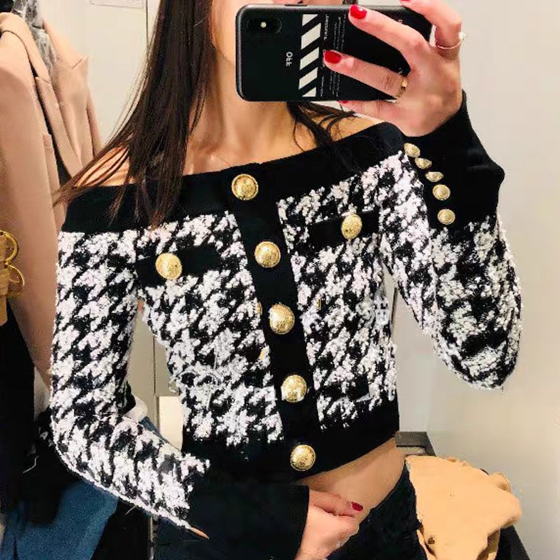 Houndstooth Gold Button Cardigan Jacket