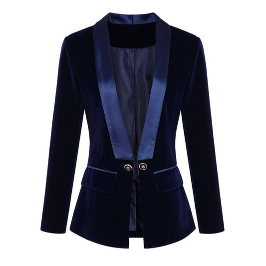 Velvet Single Button Blazer Jacket-Dark Blue/Black