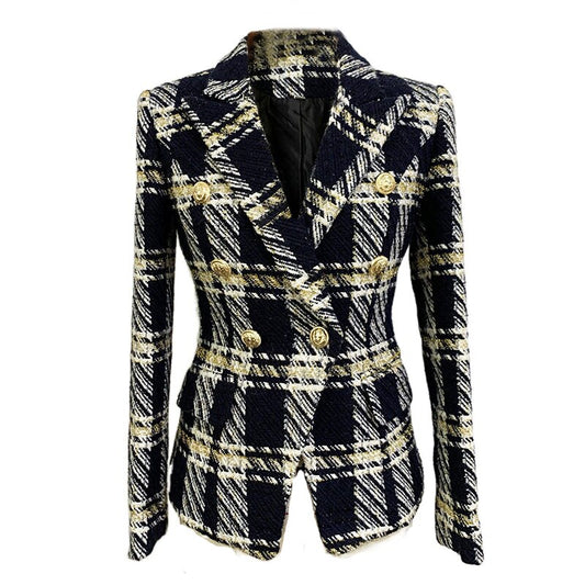Double Breasted Blazer Jacket-Plaid