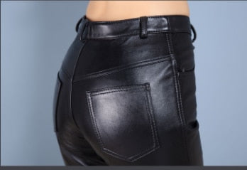 Genuine Leather Slim Leather Pencil Pants-Black