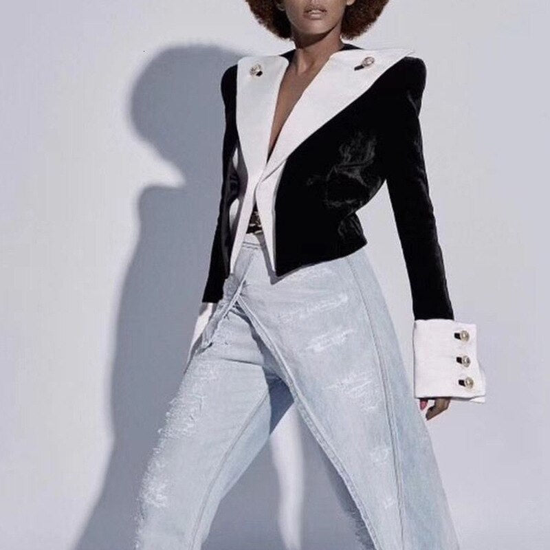 Large Lapel Velvet Blazer Jacket-Black/White