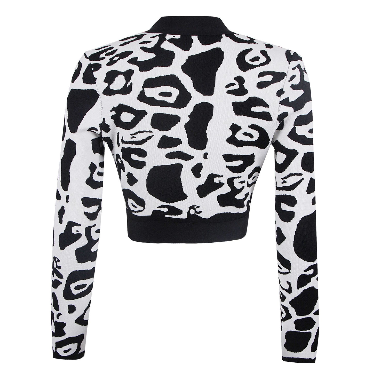 Leopard Print V-Neck Cardigan Crop Jacket-Black