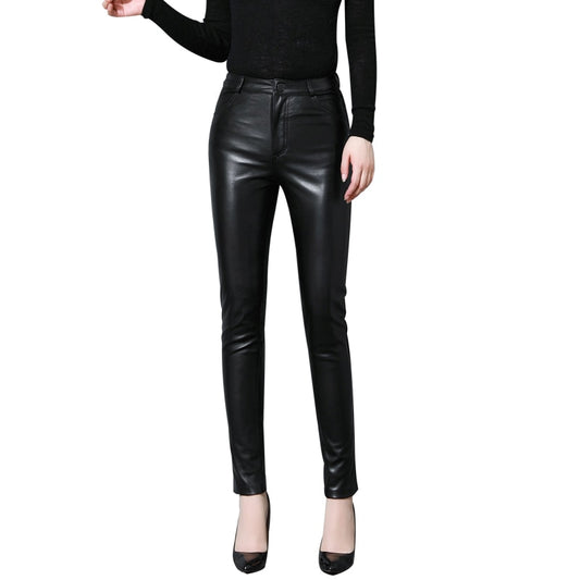 Genuine Leather Slim Leather Pencil Pants-Black