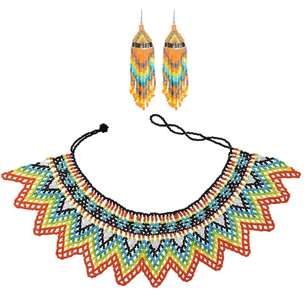 Beaded Bib Statement Choker Necklace/Earrings/Set-Multicolor