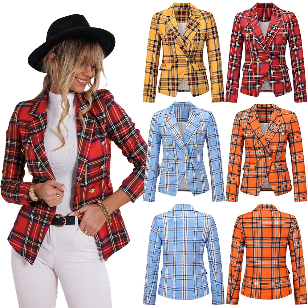 Long Sleeve Plaid Blazer Jacket-Multiple Options