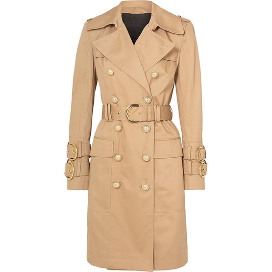 Double Breasted Belted Long Trench Coat-Khaki/Black