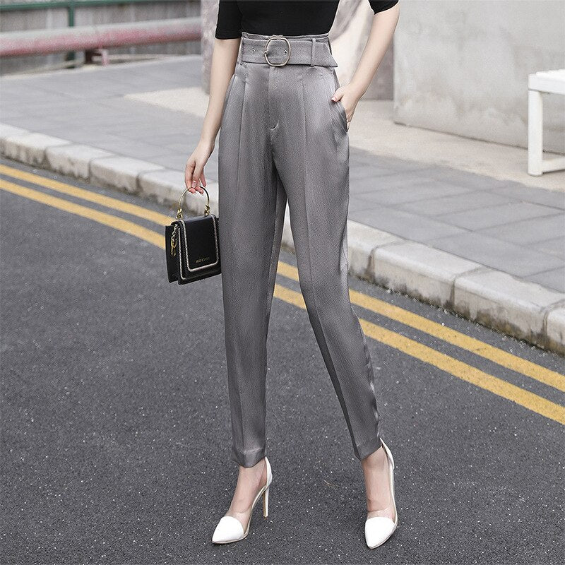 High Waist Satin Harem Pants-Grey