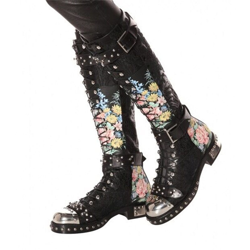 Leather Low Heel Round Toe Buckle Rivet Knee High Boots-Multiple Options