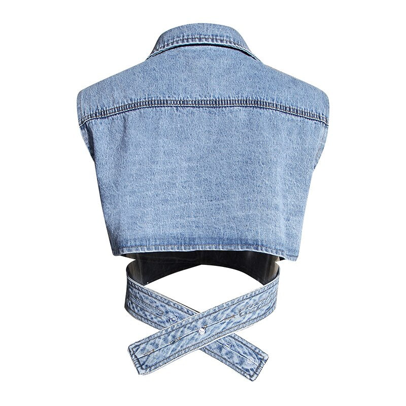 Puff Sleeve Shirt Sleeveless Denim Cross Crop Top-Multi