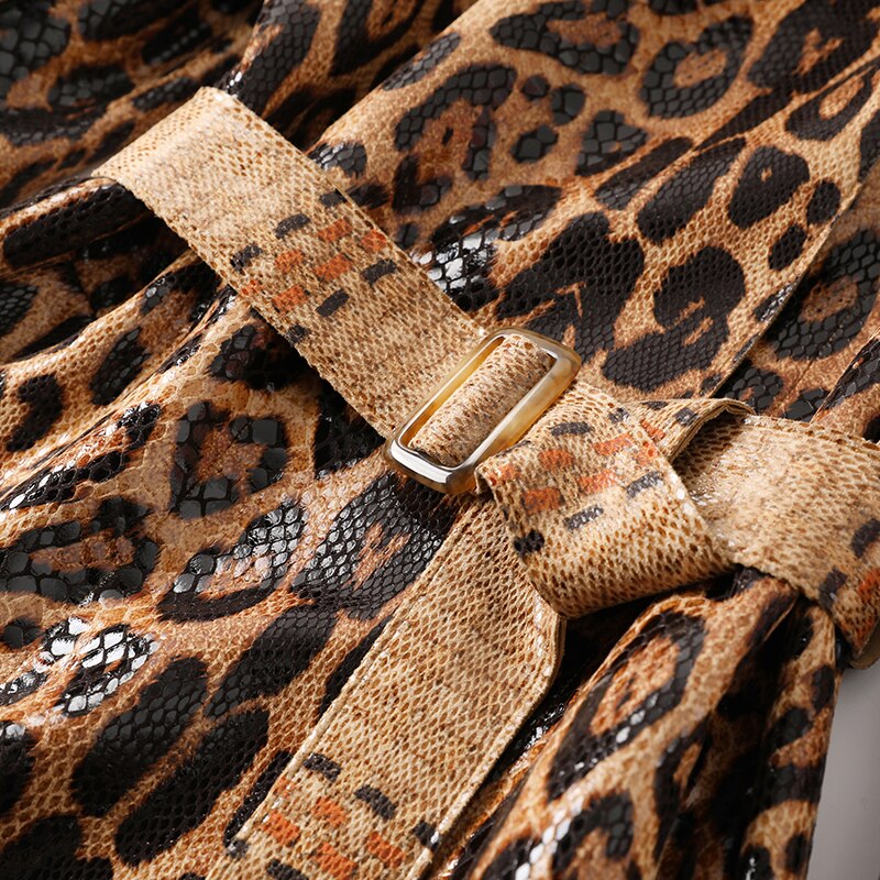 Snakeskin Leopard Pattern Belted PU Trench Coat-Multi