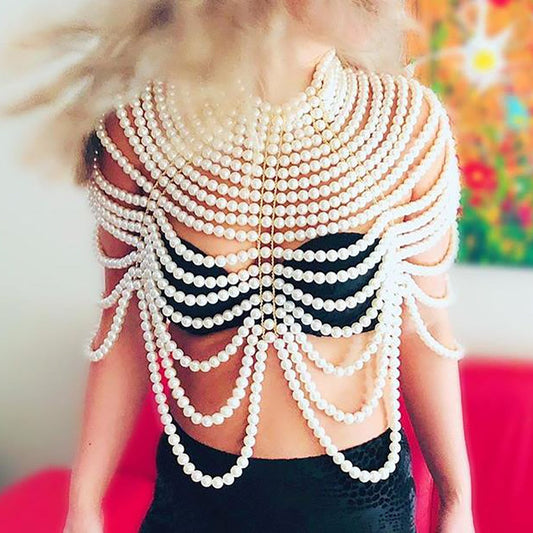 Pearl Chain Shawl Necklace-White